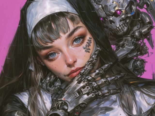 Девушка монашка киборг на розовом фоне