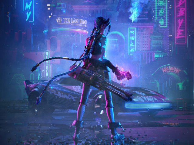 Девушка с оружием в городе видеоигра Cyberpunk 2077