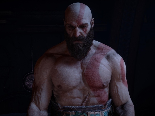 Накаченный мужчина Кратос персонаж компьютерной игры God of war