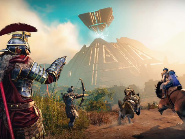 Воины у пирамиды кадр компьютерной игры New World: Aeternum, 2024