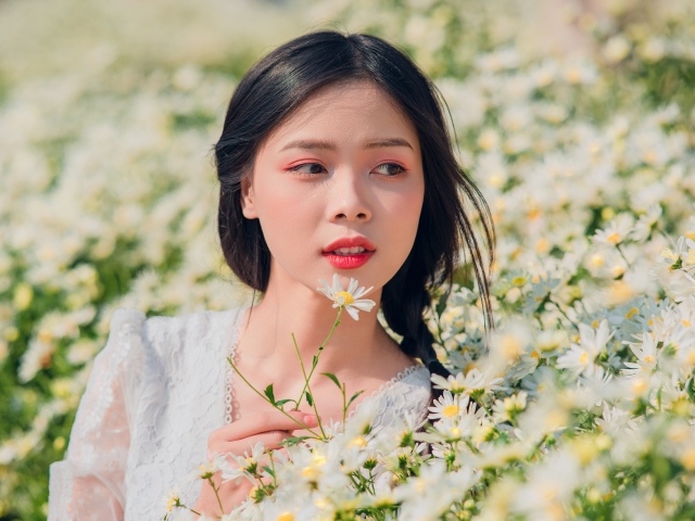 Красивая девушка азиатка на поле с белыми ромашками