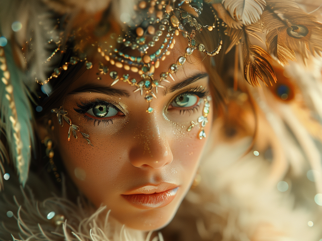 Красивая девушка с макияжем и блестящими украшениями на голове