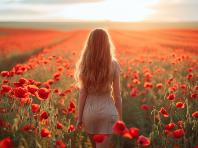 Красивая длинноволосая блондинка на поле с красными маками