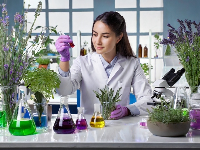 Девушка биолог в лаборатории с растениями