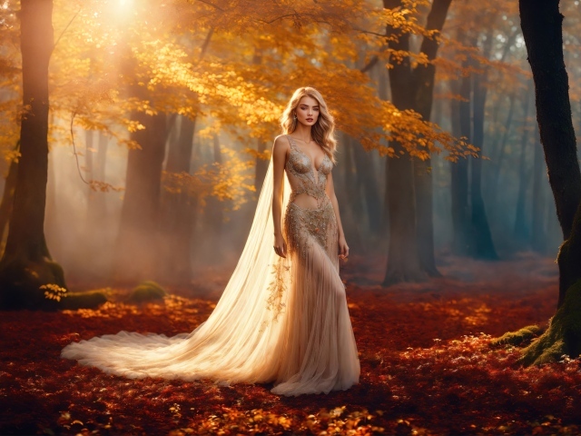Блондинка в красивом платье в осеннем лесу