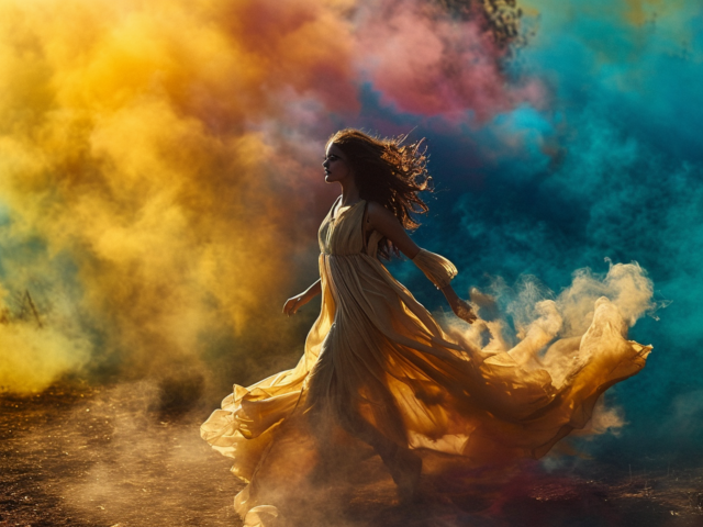 Девушка в красивом платье в разноцветном дыму