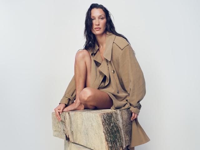 Модель Белла Хадид в пальто на сером фоне