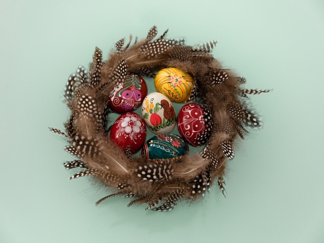 Красивые разноцветные яйца в гнезде из перьев на сером фоне