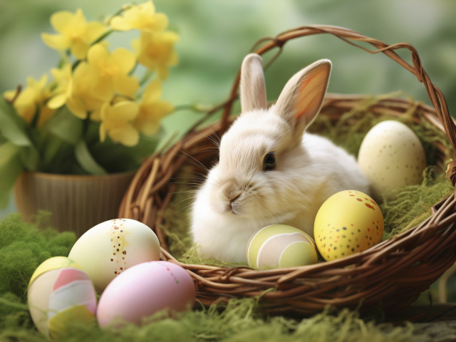 Пасхальный кролик в корзине с яйцами на праздник