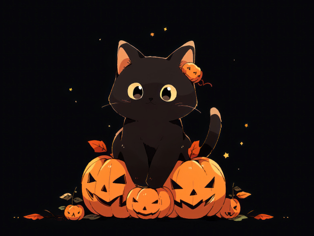 Маленький черный котенок с тыквами на Хэллоуин