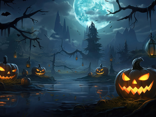 Зловещие тыквы у реки в темном лесу