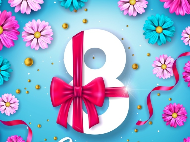 Цифра 8 с бантом и цветами на голубом фоне