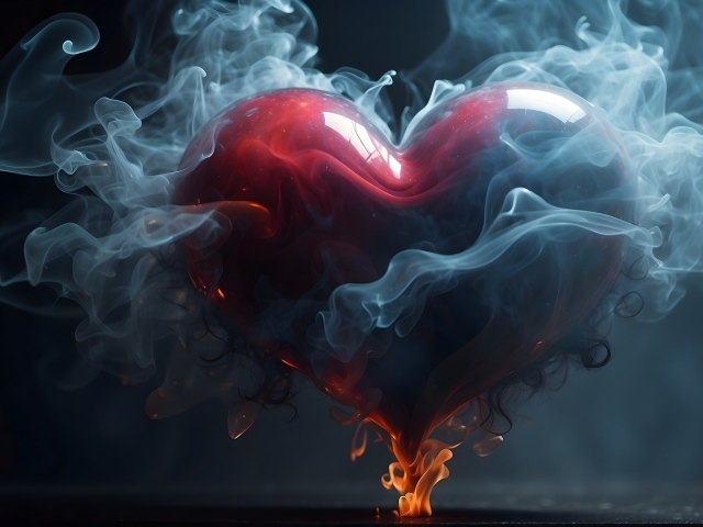Большое горящее красное сердце в дыму