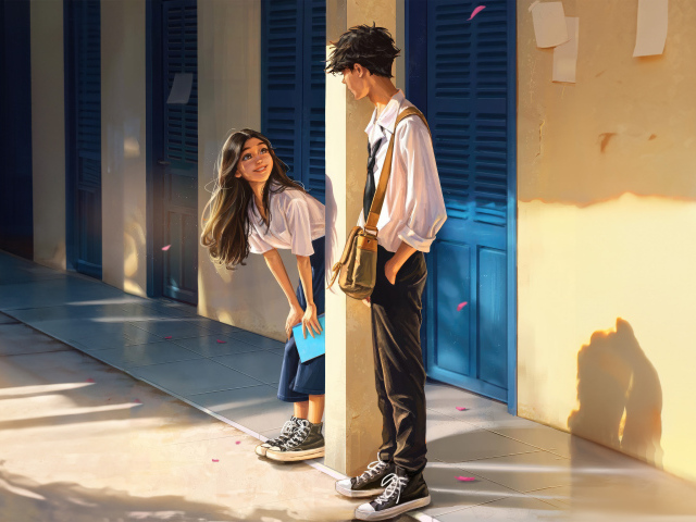 Влюбленная пара студентов к коридоре