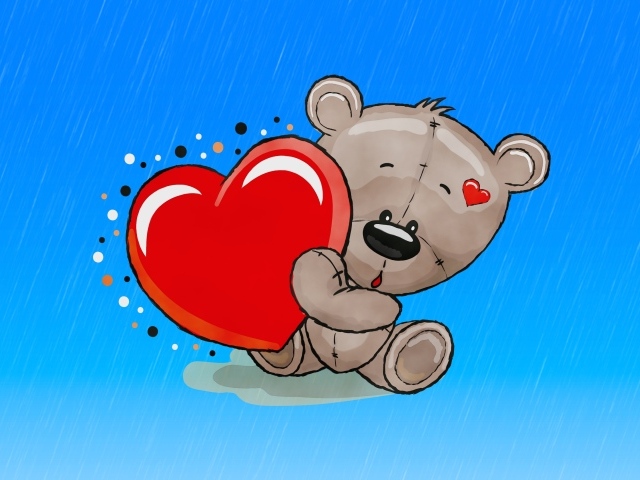 Нарисованный медвежонок с красным сердцем на голубом фоне
