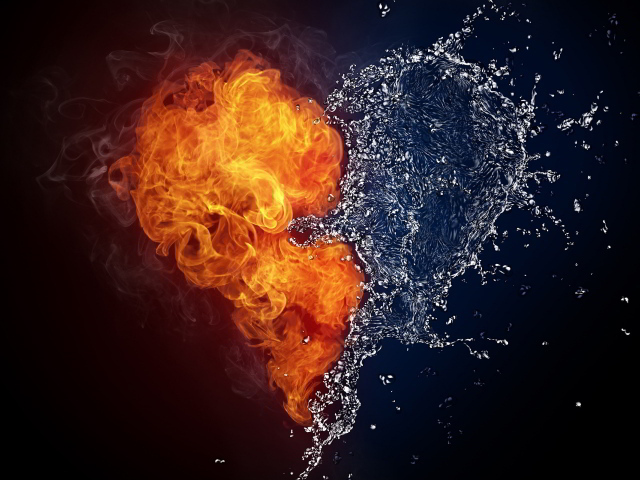 Огненное и водяное сердце на черном фоне