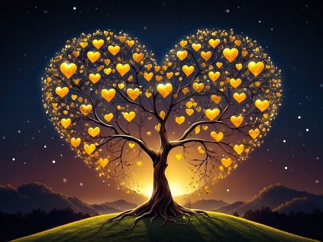 Дерево в форме сердца с золотыми листьями