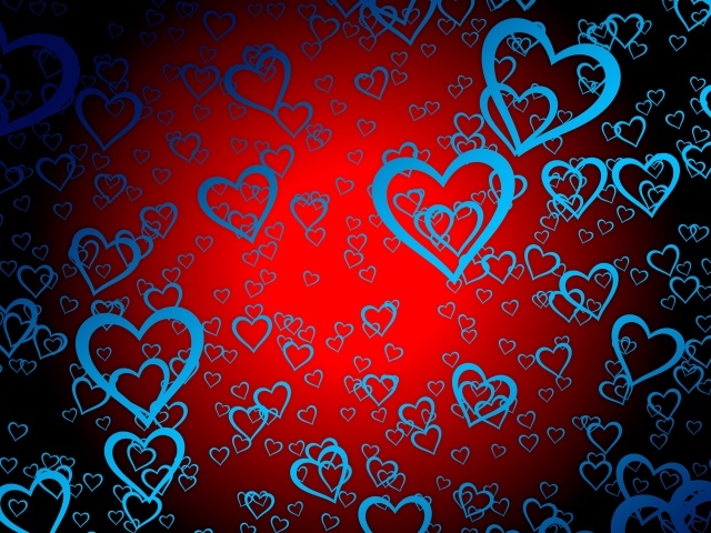 Много голубых сердец на красном фоне