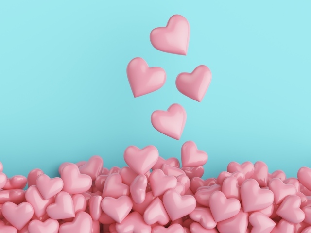 Много розовых сердечек на голубом фоне