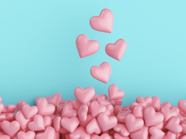 Много розовых сердечек на голубом фоне
