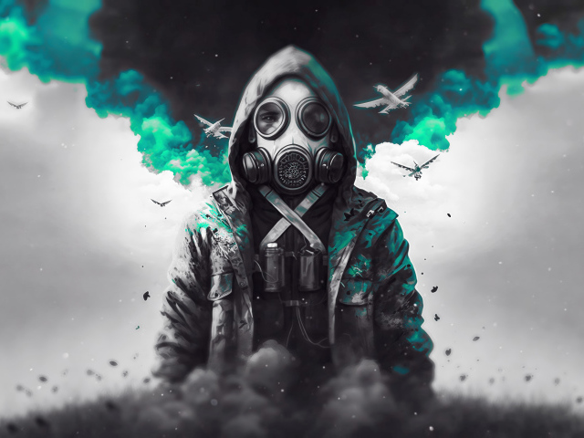 Мужчина в противогазе в дыму