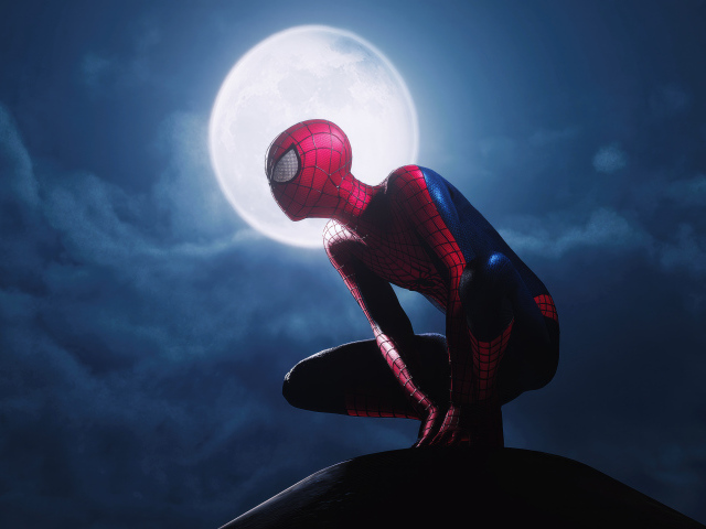 Спайдермен сидит на фоне луны