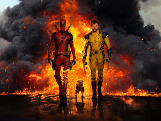 Росомаха, Дэдпул и собака на фоне взрыва