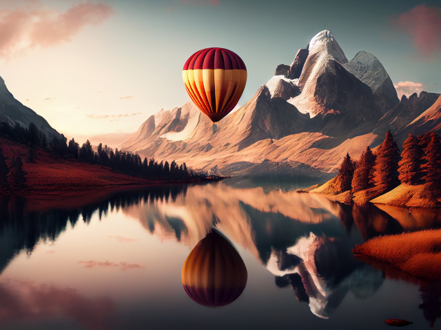 Большой воздушный шар над водой у гор 