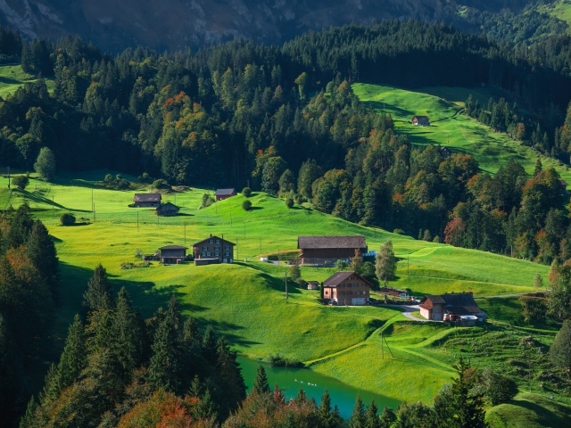 Зеленые холмы с домами в горах