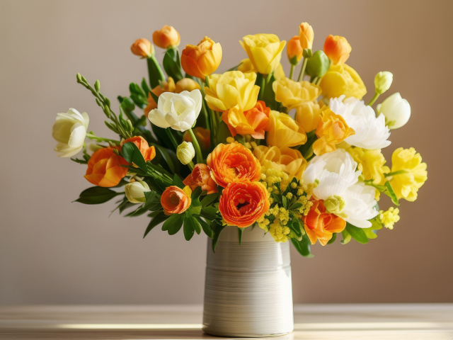 Букет красивых весенних цветов в вазе на столе