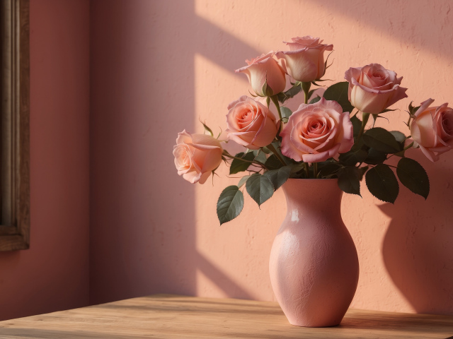 Букет нежных розовых роз в вазе у стены в лучах солнца