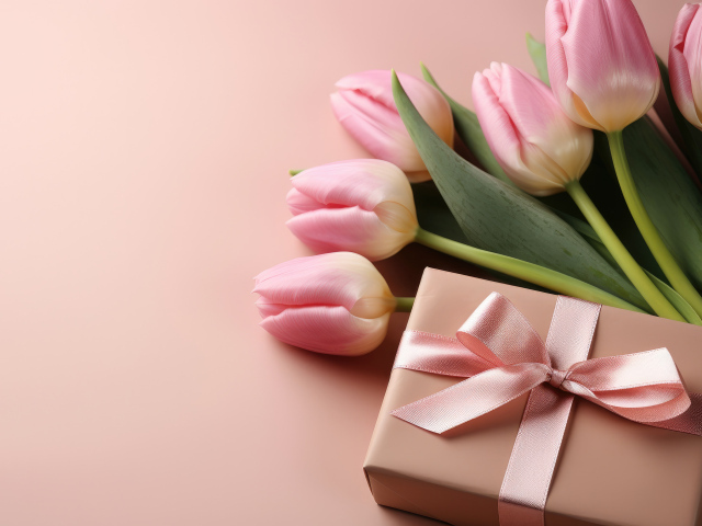 Красивые тюльпаны с подарком на розовом фоне