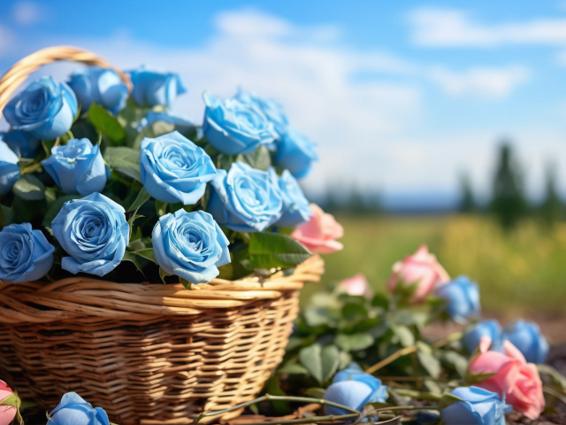 Букет голубых роз в корзине в лучах солнца