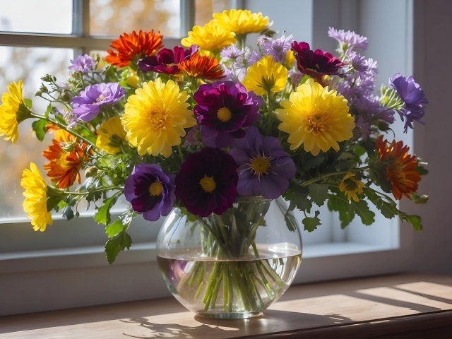 Букет разноцветных цветов в вазе на окне