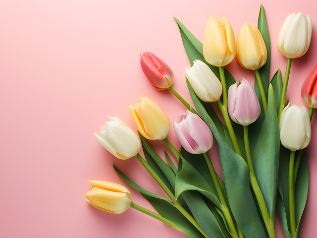 Букет нежных свежих тюльпанов на розовом фоне