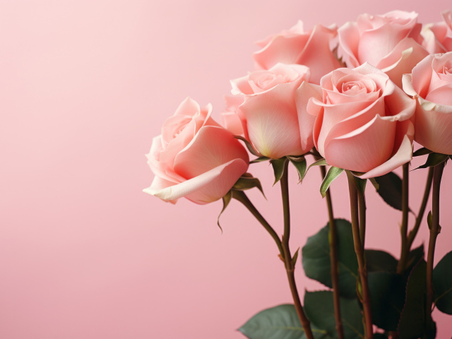 Букет нежных розовых  роз на розовом фоне