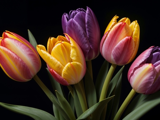 Букет разноцветных тюльпанов на черном фоне
