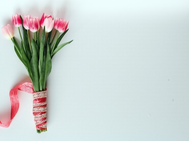 Букет розовых тюльпанов с атласной лентой на сером фоне