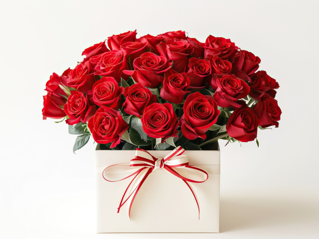 Букет красных роз в коробке на белом фоне