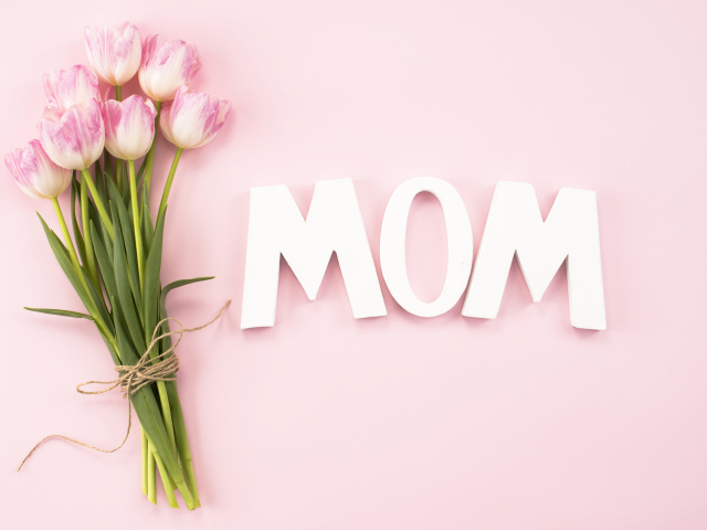 Букет тюльпанов для мамы на розовом фоне