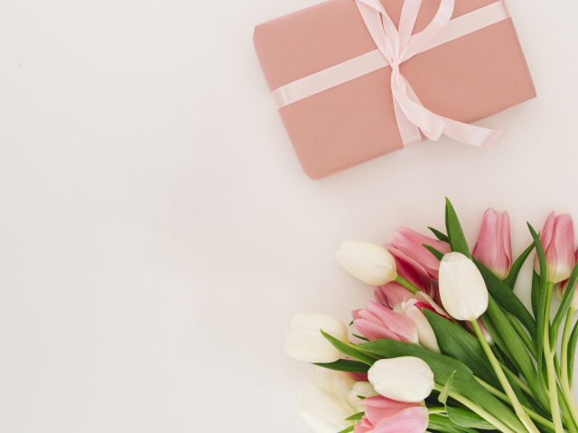 Букет тюльпанов с подарком на розовом фоне, шаблон открытки