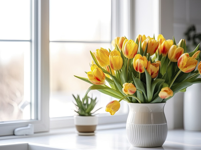 Букет желтых тюльпанов в вазе у окна