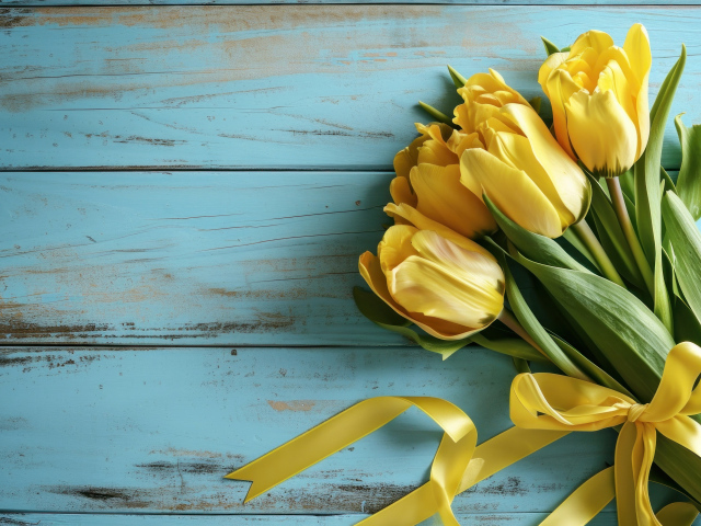 Букет желтых тюльпанов с лентой на голубом столе