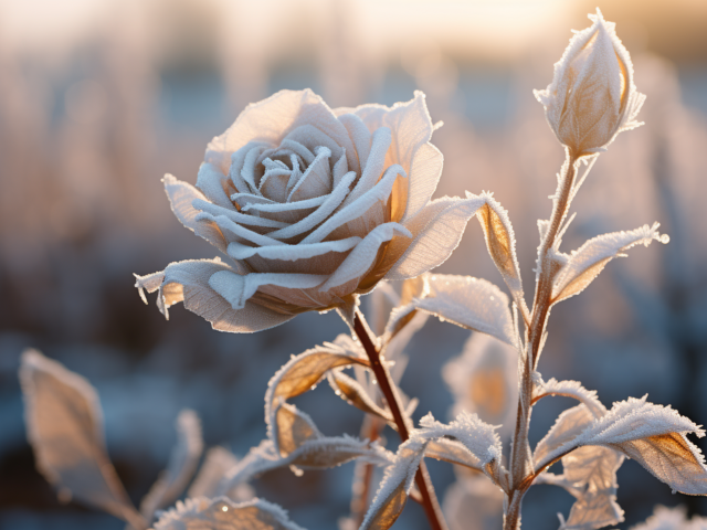 Покрытая инеем роза с бутоном в лучах солнца