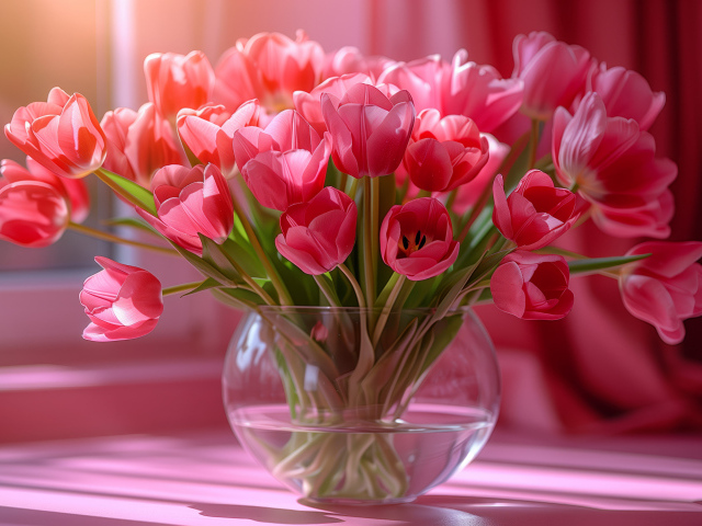 Большой букет розовых тюльпанов в стеклянной вазе