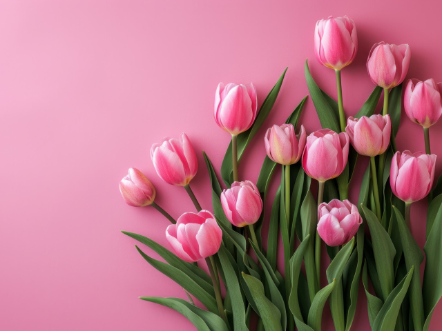 Много красивых весенних тюльпанов на розовом фоне