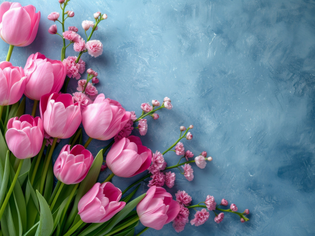 Розовые тюльпаны и гипсофила на сером столе