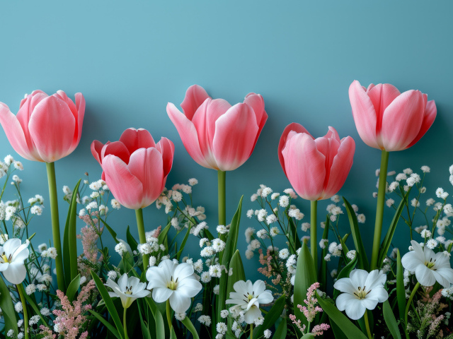 Розовые тюльпаны с белыми цветами на голубом столе