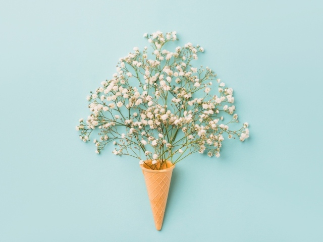 Белые цветы с вафельным рожком на голубом фоне