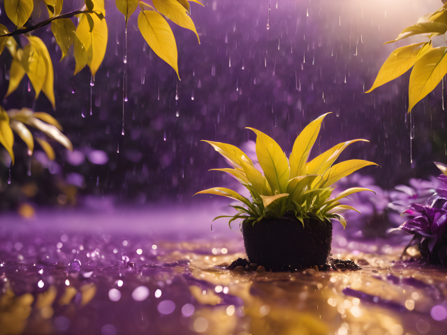 Зеленое растение стоит под дождем